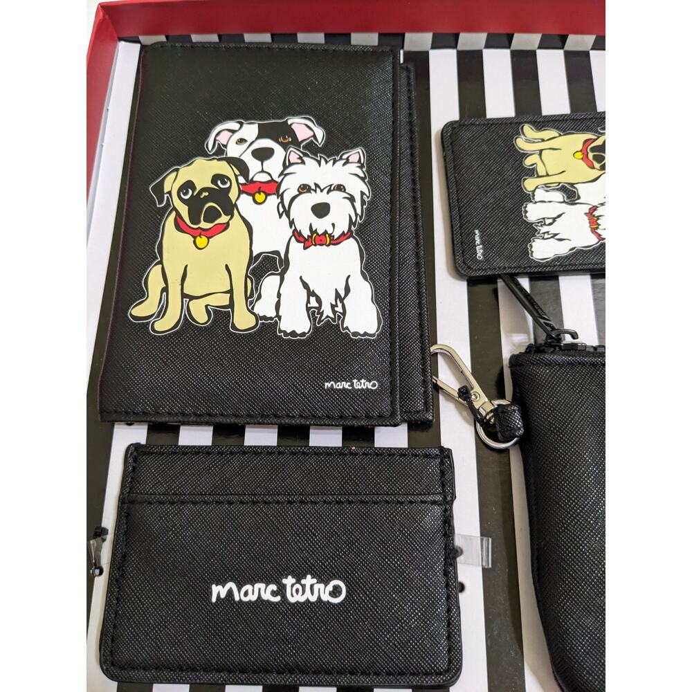 Marc Tetro Wallet 4 Piece Set Black Dogs Coin Purse Luggage Tag Passport PUPPIES - Picture 2 of 5